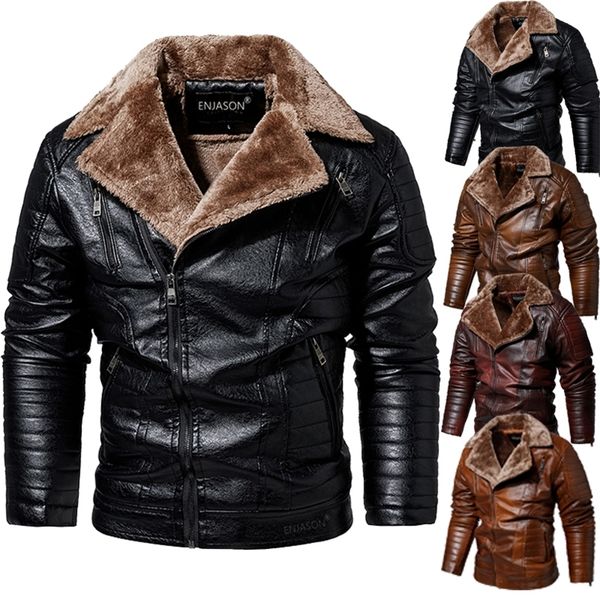 

men's leather faux leather mens thick leather jackets winter autumn male fashion motorcycle jacket faux fur collar windproof warm coat, Black