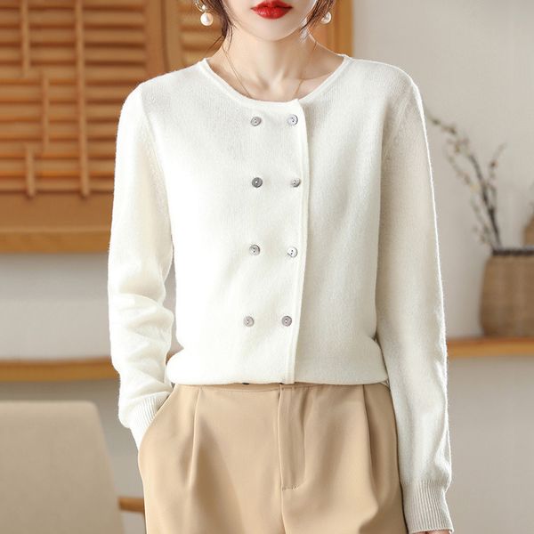 

double-breasted pure wool knits cardigan women's coat loose round neck 2022 spring and autumn new fashion cashmere sweater, White