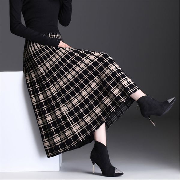 

skirts fairyshely pleated knitted women autumn winter warm high waist long ladies retro shiny office foldss 220913, Black