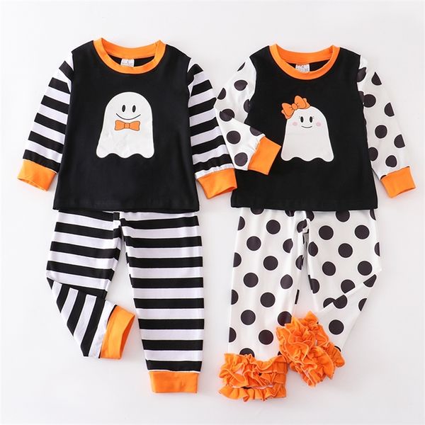 

family matching outfits girlymax halloween pajamas baby girls boys stripe dots pants cotton ghost pumpkin loungewear set boutique kids cloth, Blue