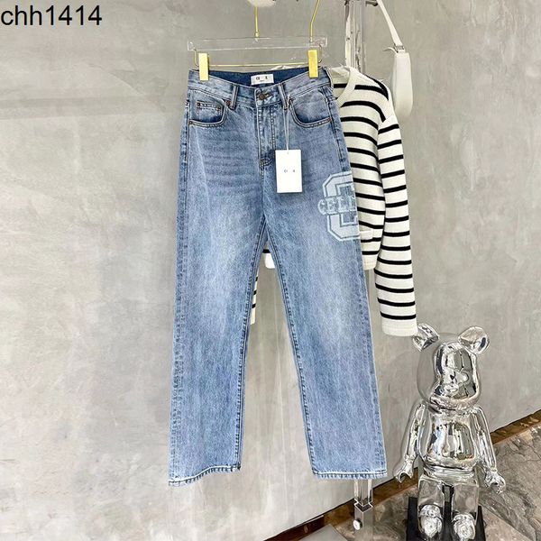 

2022 new slim large print light blue wide leg jeans pants high waist women summer