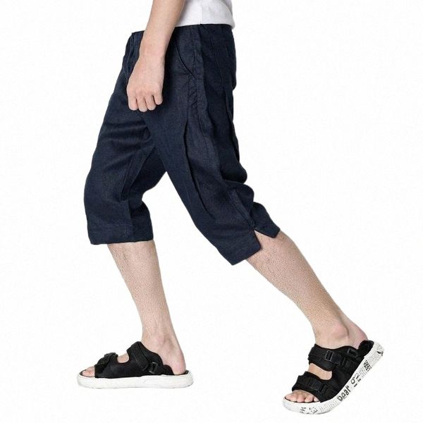 

men's pants summer 100% linen brand pants men casual elastic waist calf-length trousers for fashion comfortable mens men's 92ft#, Black