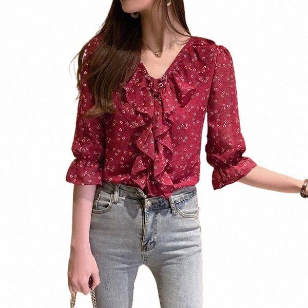 

women's blouses & shirts women's blouses & shirts blouse chiffon shirt v-neck floral casual 2022 summer fashion women blusas de mu, White