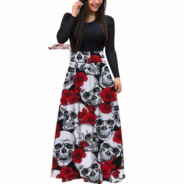 

casual dresses casual dresses womens skull print o neck long-sleeved loose dress female 2022 halloween high waist maxi vestido de mujer q8zj, Black;gray