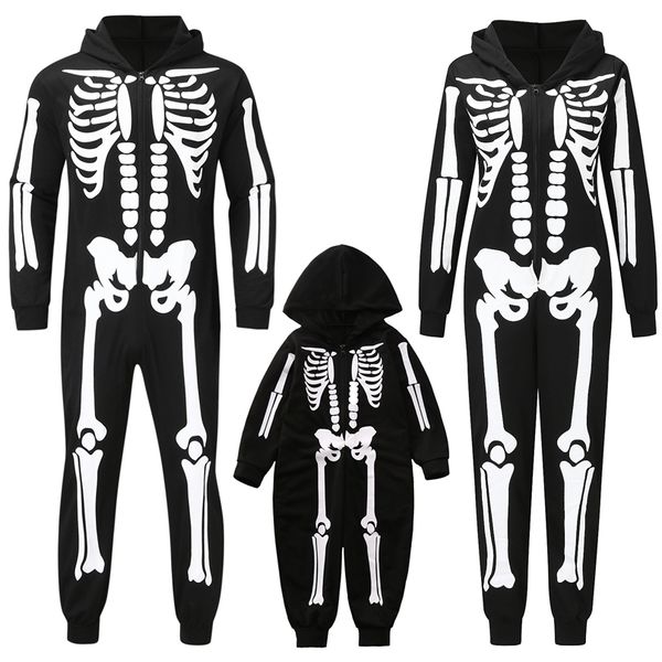 

family matching outfits mom dad kids halloween skeleton print onepiece garment family matching hooded clothes autumn long sleeve zipper hood, Blue