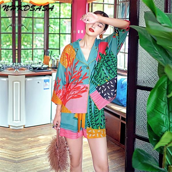 

women's sleepwear women pajama set hand drawn art tropical plants pyjama set silk like nightwear shorts home wear clothes sleepwear hom, Black;red
