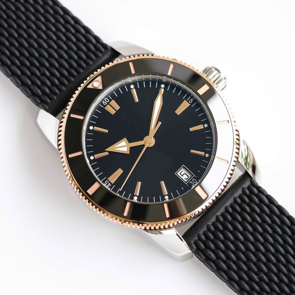

mens watches luxury watch 42mm black dial rose gold mixed silver automatic watch stainless steel rubber strap luminous needles wristwatches, Slivery;brown
