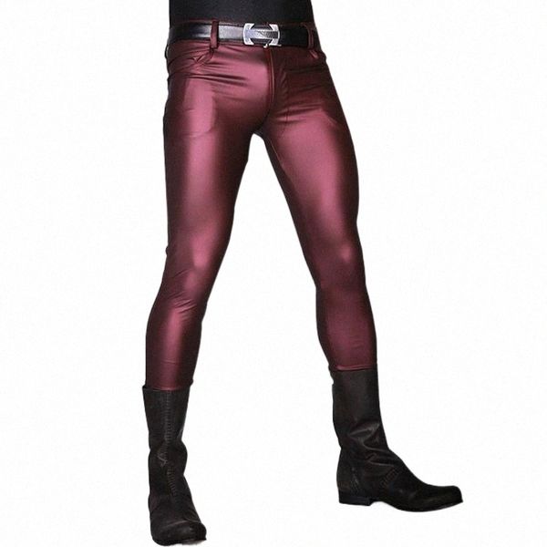 

men's pants wine red black faux leather men pants skinny casual trousers punk rock pencil stretch tight leggings stage show clubwear me