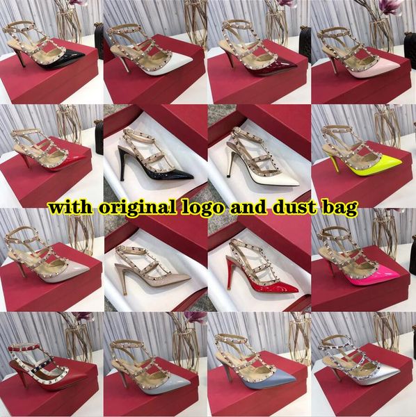 

brand women shoes high heel rivets v sandals genuine leather 6cm 8cm 10cm thin heels pointed black gold rose yellow silver white red wedding