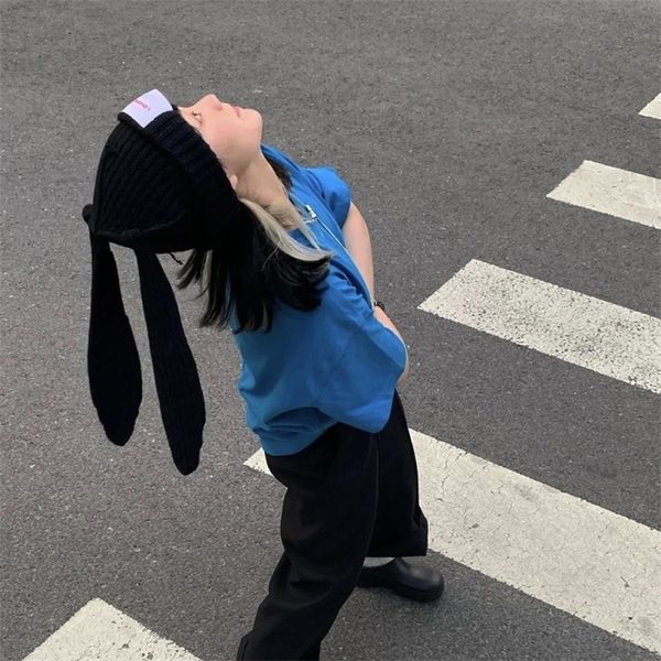 

beanieskull caps rabbit ears knitted wool hat love boy niche design personality fashion men women cute warm autumn and winter 220913, Blue;gray