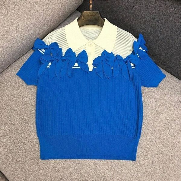 

women's blouses & shirts women's blouses & shirts 2022 summer stitching hollow three-dimensional bow short-sleeved knitted shirt w, White