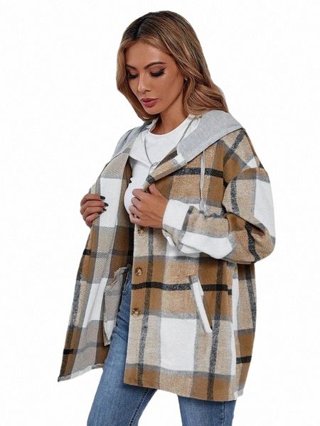 

women's wool & blends women's wool & blends 2022 autumn winter temperament hooded loose plaid woolen coat for women donsignet 51vm, Black