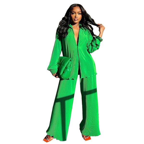 

women's two piece pants adogirl loose pleated women's two piece set single breated long sleeve shirt long wide leg pants tracksuit, White
