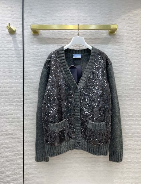 

women s sweaters sequin embroidered floral gray wool cardigan 220913, White;black