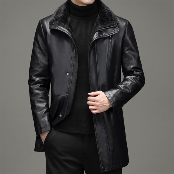

men's leather faux haining leather jacket autumn and winter medium length windbreaker warm fur coat 220913, Black
