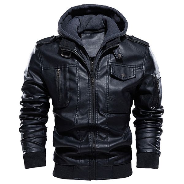 

men's leather faux motorcycle jacket men casual pu jackets man winter thick warm vintage hooded collar club bomber coats chaqueta 22091, Black