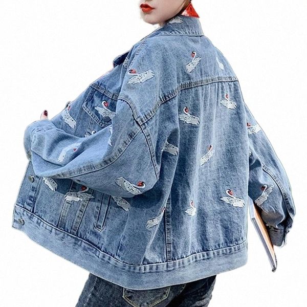 

women's jackets women's jackets loose korean clothes fashion embroidery swan denim jacket women coat lady 2022 spring autumn blue, Black;brown