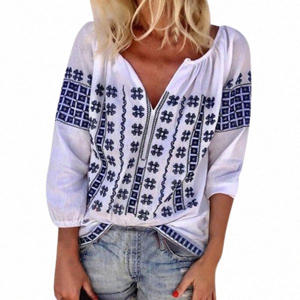 

women's blouses & shirts women's blouses & shirts ostrich women print three-point sleeve v-neck purple creative pattern elegant no, White