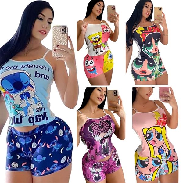 

women's sleepwear mclaosi women's fashion camisole cartoon pattern set two-piece for women gym set pajamas for women kawaii pajama, Black;red