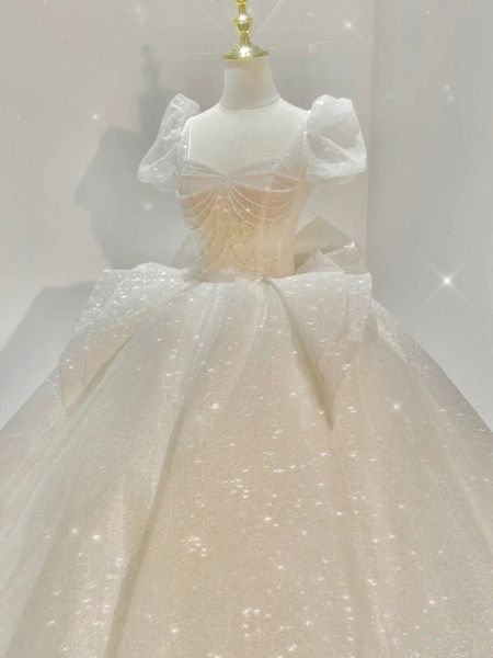 

fancy ball gown wedding dresses with big bow pearls long bridal gowns, White