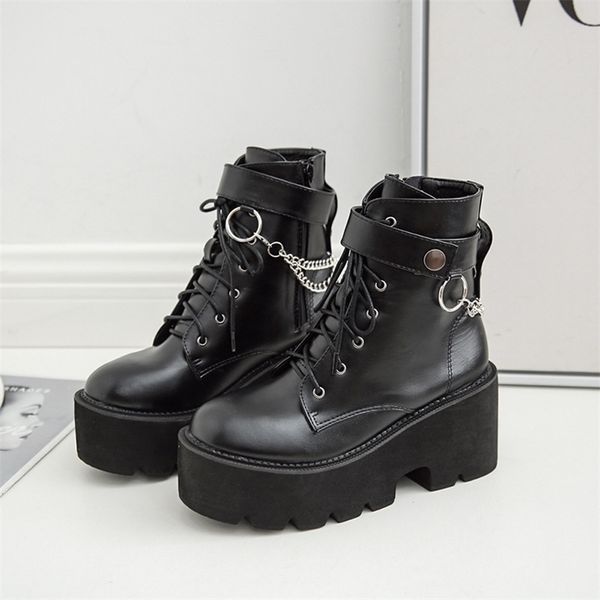 

boots chain women leather autumn boots block heel gothic black punk style platform shoes female footwear 220913