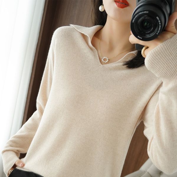 

women s sweaters spring and autumn cashmere sweater loose knit pullover small lapel solid color bottoming pure wool clothing 220913, White;black
