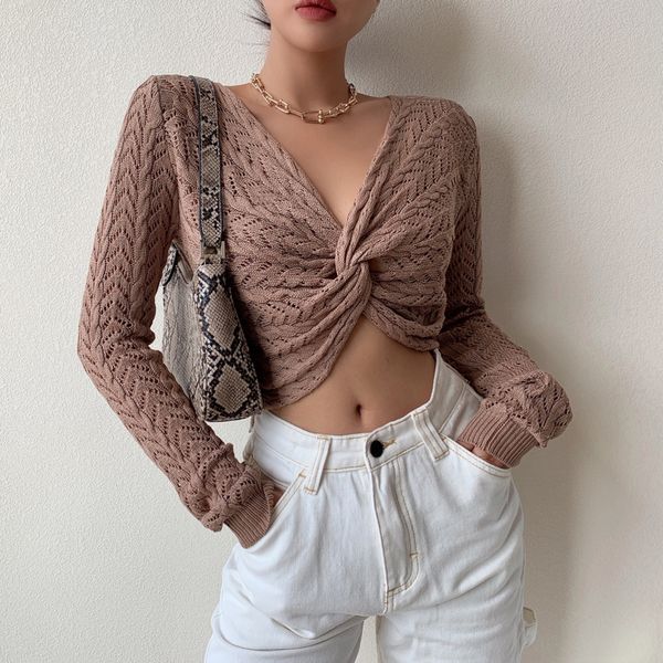 

women s sweaters v neck long sleeve jumper women pullover sweater chic cross knot design slim stretch hook flower hollow out crop knit 2209, White;black