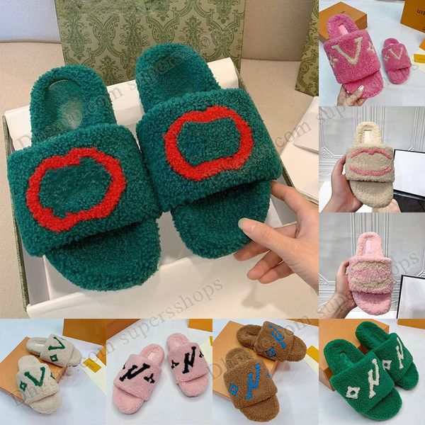 

womens furry slippers winter platforms australian sandals slides fashion ladies triple pink green black white letter embroidery flats mule f