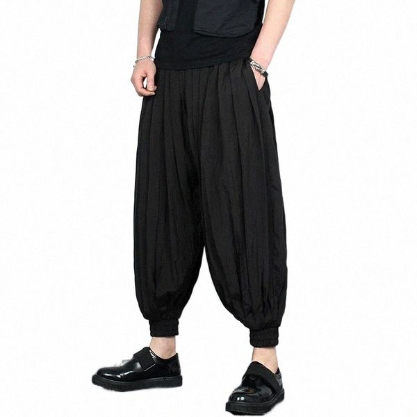 

men's pants men's pants summer solid color elastic waist pleat pendant sense ice silk loose lamp-wick nine points harun radish b7c, Black