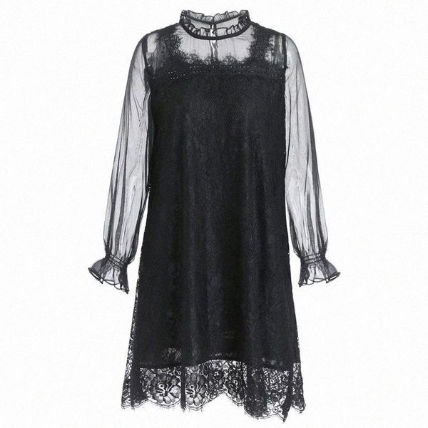 

casual dresses casual dresses lace transparent vestidos elegant pastel luxurious korean black plus size mini dress women long sleeve trendy, Black;gray