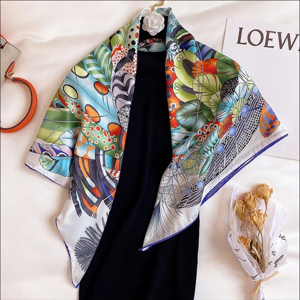 

satin head scarf female silk head scarves for ladies hand rolled scarf 90 foulard luxe curling plumes en fete 242h, Blue;gray