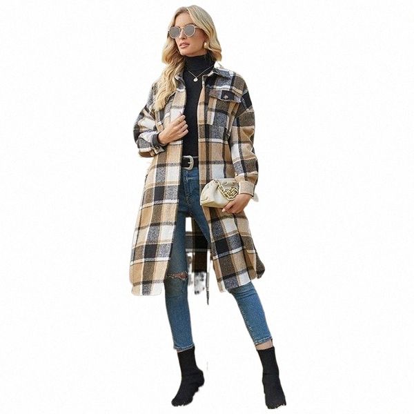 

women's wool & blends women's wool & blends autumn winter blend plaid mid-length jacket women loose turn-down collar long sleeve p, Black
