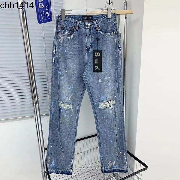 

2022 new high waisted and thin pants head waist rope ink splashing trend versatile washed light blue jeans with holes
