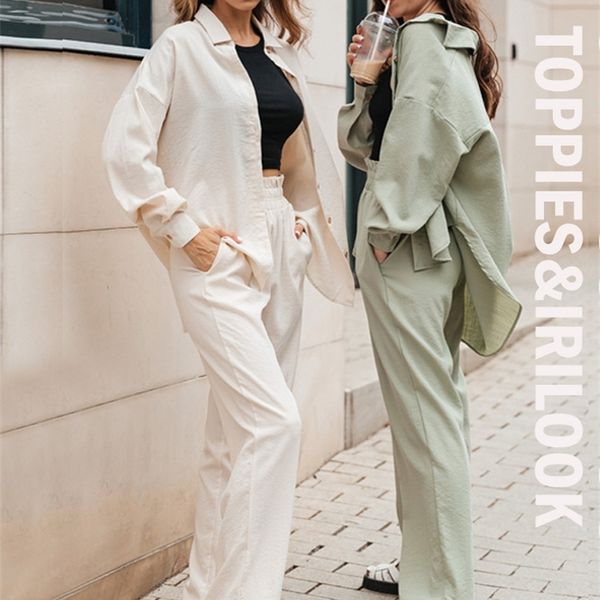 

women's two piece pants ies women two piece set casual shirt office lady long sleeve blouse chic elastic waist summer long trousers pan, White