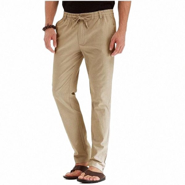 

men's pants men's pants fashion high waist cotton linen breathable loose long solid color lace-up straight trousers pantalones hom, Black