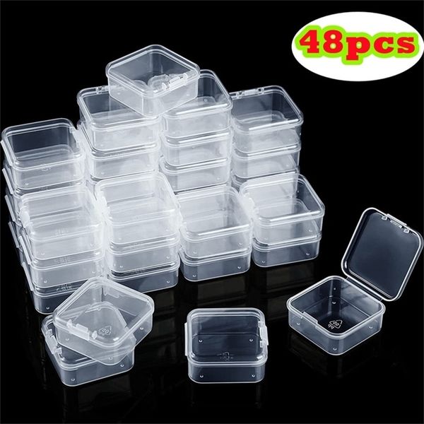 

jewelry boxes 48pcs mini clear plastic storage containers with lids empty hinged for beads tools craft supplies flossers fishing 220912, Black;white