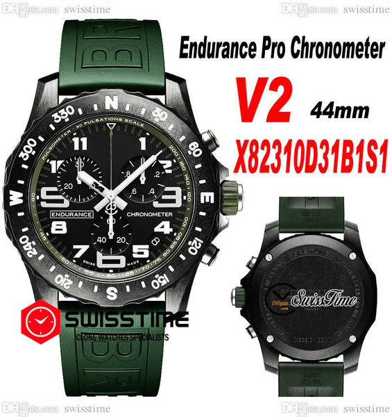 

endurance pro 44 miyota quartz chronograph mens watch v2 x82310d31b1s1 pvd steel all black big number markers green rubber strap watches sat, Slivery;brown