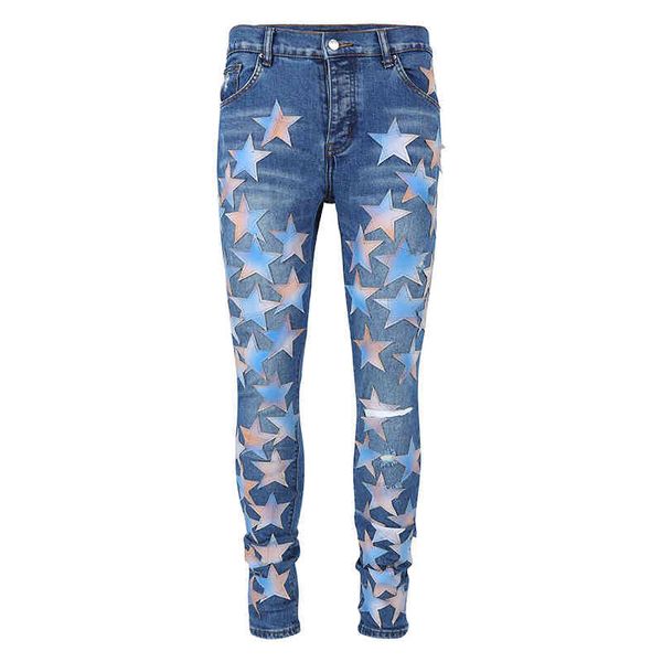 

fashion street cowboy casual pants micro elastic cotton youth light blue splash paint tight jeans anniris hole breaking patch cloth trend le