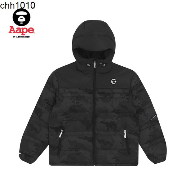 

apes men's autumn and winter ape face badge gothic alphabet printed camouflage stitched hooded down jacket 7378xxf, Black