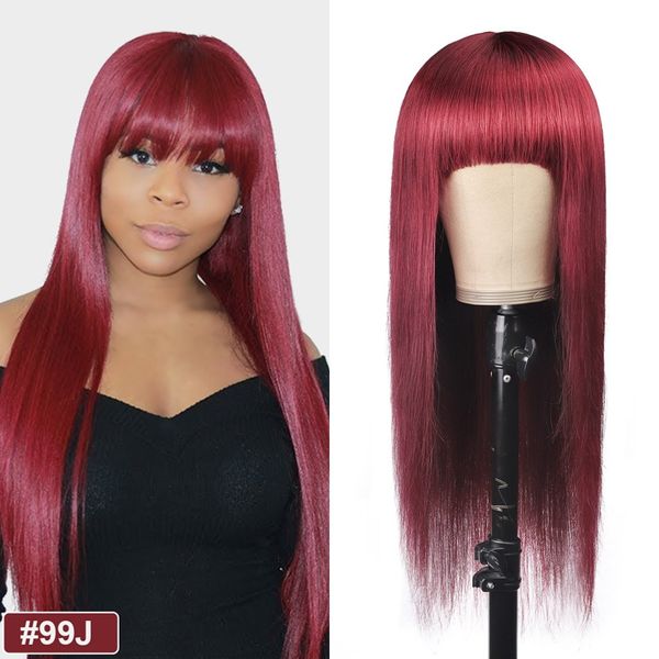 

99j straight human hair wigs with bangs machine made 130% density burgundy brazilian remy hair wig, Black;brown