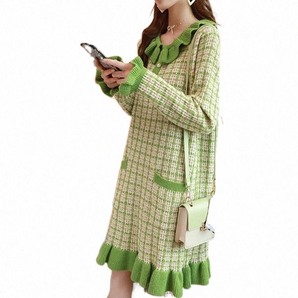 

casual dresses casual dresses lady loose vestidoswomen elegant ruffle long sleeve sweater dress 2022 female sweet plaid pockets autumn botto, Black;gray