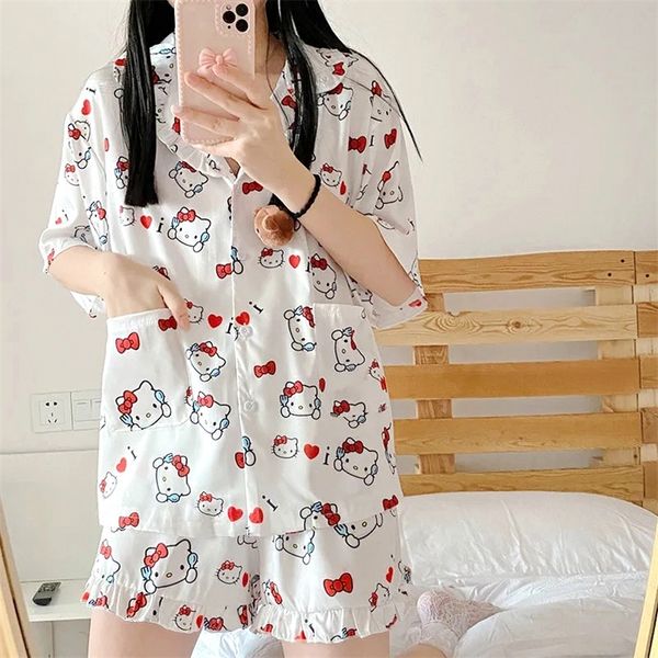 

women's sleepwear japanese style women's pajamas cotton sleepwear suit home clothes summer pyjamas femme nightgown cartoon printin, Black;red