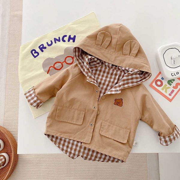 

children's double sided coat old autumn clothes boys' foreign style checkered trench coat girls' baby korean bear top, Blue;gray