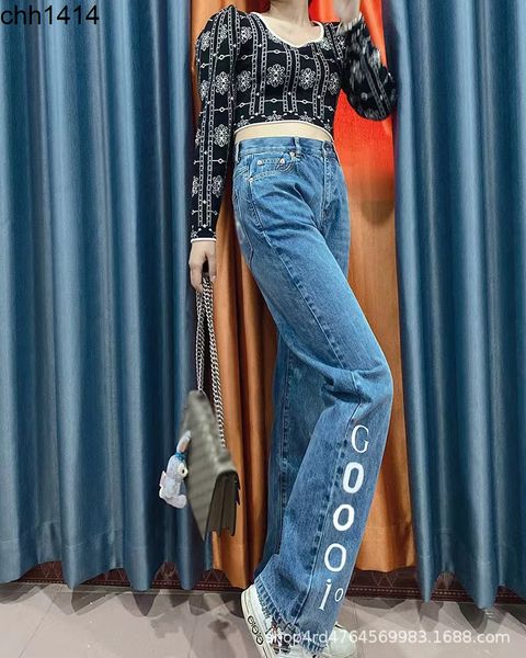 

2022 new product high waist and thin fashion print jeans blue pants women summer