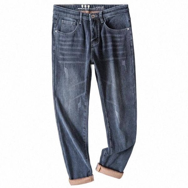 

men's jeans men's jeans mens with fleece 2022 winter pants warm trousers slim straight blue black plus velvet thicken clothing hom