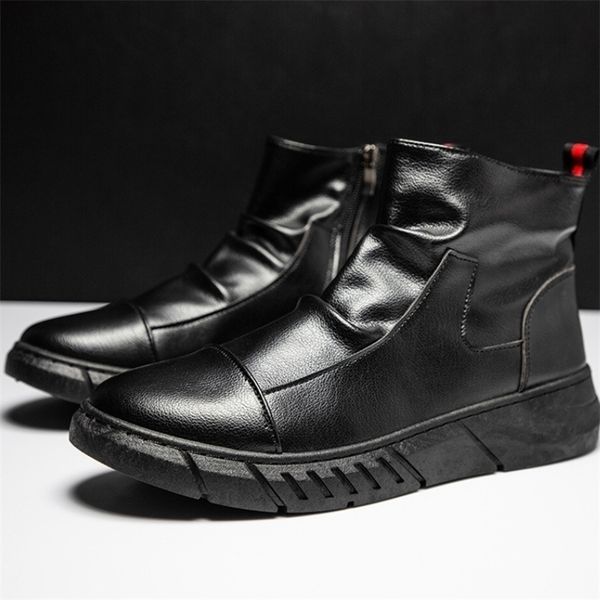 

boots mens black leather side zipper highflats korean style large size round head work business shoes botas de trabajo 220913