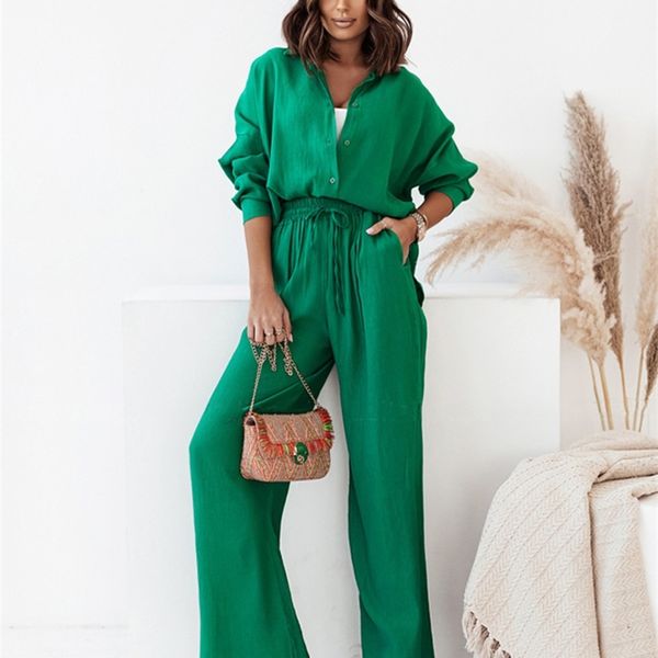 

women's two piece pants casual tracksuit women shirt trouser suits summer loose solid high waist wide leg lace up pants two piece lady, White