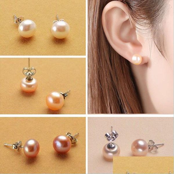 

stud 100% 925 sterling sier 6-7mm round pearls earrings 3colors white pink purple freshwater pearl jewelry whol yydhhome dhuvd, Golden;silver