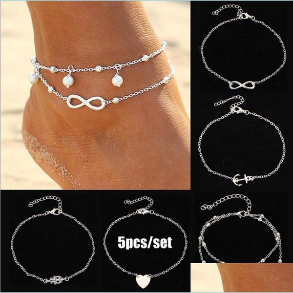 

anklets 5 pcs/set sier gold beach anklets bracelet hamsa hand infinity love heart anklet summer holiday foot chain jewelr carshop2006 dhhlu, Red;blue