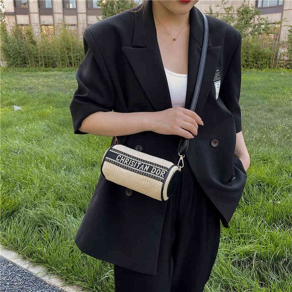 

of 2022 the new straw woven bag small barrel bag crossbody sling one shoulder bag